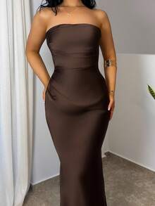 Vassilux Herbst/Winter Damen sexy minimalistisches einfarbiges cremefarbenes gelbes gerafftes rückenfreies Meerjungfrauenkleid, geeignet für Partys, Cocktailveranstaltungen, formelle Anlässe, Brautjungfernkleider, Geburtstagskleid, gelbes Satin-Abendkleid, Weihnachten, Bankett, Business-Casual braunes Hochzeitsgast-Kleid, braunes Brautjungfernkleid, Party - Kaffeebraun - Übersicht 3