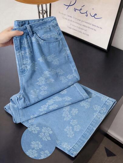 GlowEve Quần jeans ống rộng dáng suông họa tiết jacquard dành cho nữ, thích hợp cho kỳ nghỉ và đi làm.