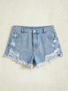 Sweetra Plus Size Distressed Frayed Hem Slant Pocket Casual Denim Shorts - Light Wash - View 1