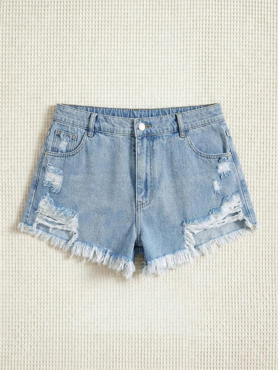 Sweetra Plus Size Distressed Frayed Hem Slant Pocket Casual Denim Shorts - Light Wash - View 1