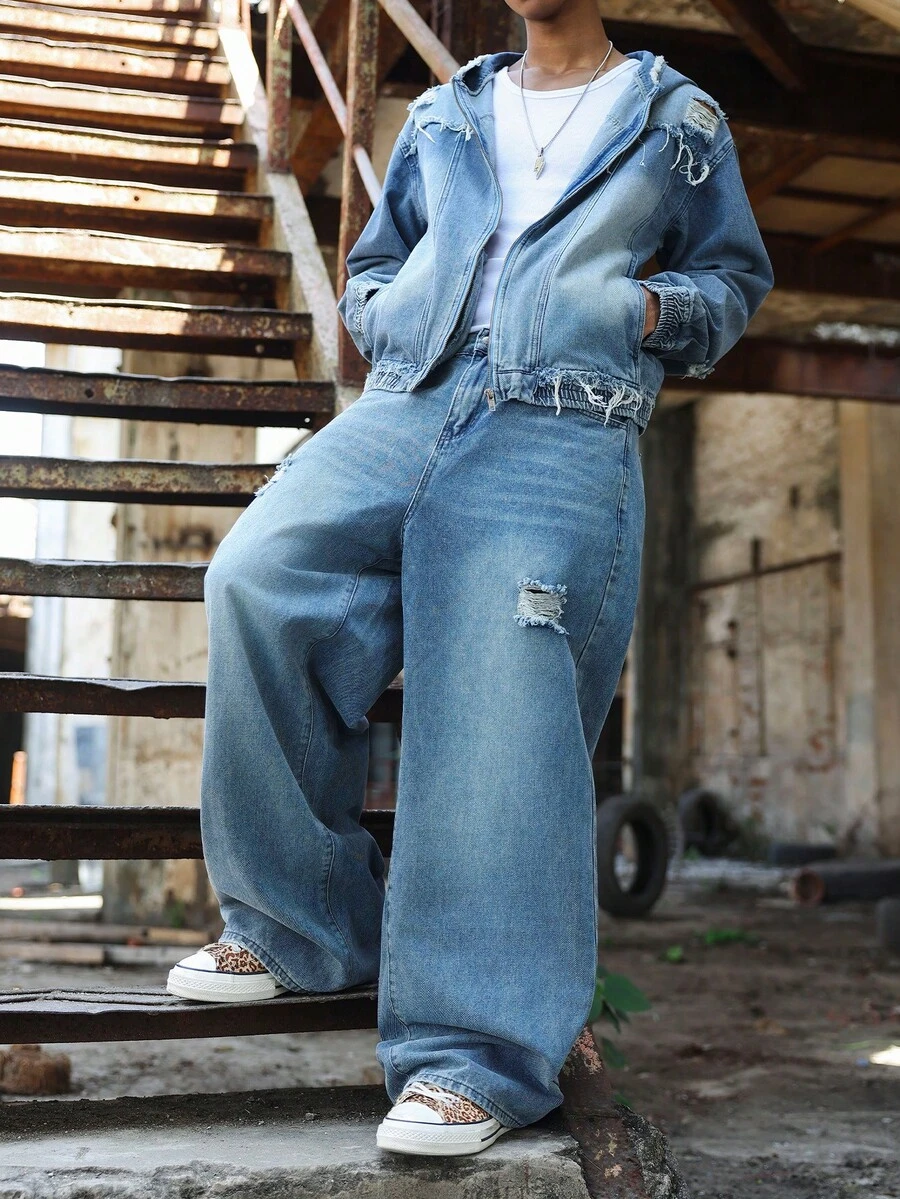 Manfinity EMRG Fashionable Hooded Denim Set - Blue - View 1