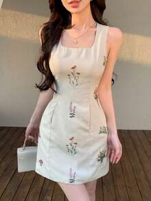 DAZY 春夏花卉印花刺繡背心洋裝，情人節婚禮宴會舞會晚禮服，時尚派對優雅通勤收腰修身短洋裝女款 - 米色 - 查看 10