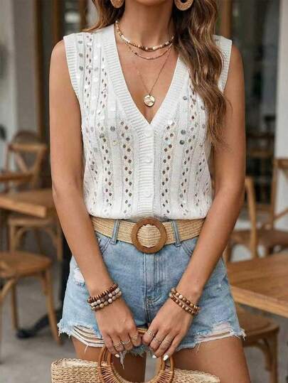 EMERY ROSE Women's Sequin Decorated V-Neck Sleeveless Cardigan