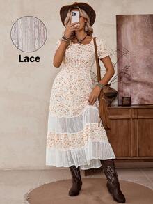 LanaWest Ditsy Floral Square Neck Lace Patchwork Elegant Short Sleeve Dress - Apricot - View 1