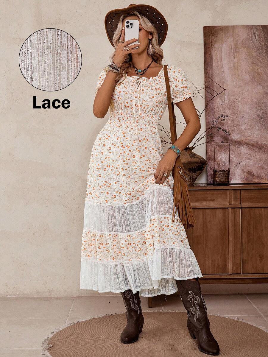 LanaWest Ditsy Floral Square Neck Lace Patchwork Elegant Short Sleeve Dress - Apricot - View 1