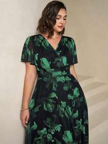 Chikora Đầm thanh lịch cỡ lớn dành cho nữ, phù hợp công sở, đầm lưới, đầm co giãn, đầm tay ngắn, đầm mùa hè. - màu xanh lá - Xem 7