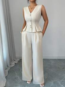 SHEIN Elenzya 女款優雅米白色夏季辦公兩件套，無袖百褶下擺西裝外套與鬆緊腰長褲，通勤下午茶派對專業穿搭 - 卡其色 - 查看 3
