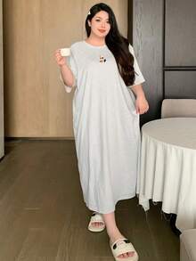 Dazy Plus Camisón de manga larga con estampado gráfico de dibujos animados, corte holgado, estilo de camiseta de cuello redondo, pijama para todas las estaciones - Gris - Ver 6