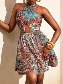BamGleam Beige Summer Boho Vacation Holiday Women's Long Dress,Halter Neck Criss-Cross Tie Bohemian Style Beach Casual Digital Print Multi-Color Long Dress - Multicolor - View 5