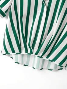 Women's Navy Blue Digital Print Striped Loose Turndown Collar Short Sleeve Gathered Cinched Waist Elegant Unique Design Blouse For Work - Green - View 4