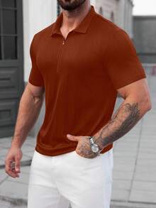 Manfinity CasualCool 男士休闲纯色短袖Polo衫，适合夏季日常通勤 - 棕色 - 查看 7