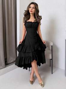 Jemour Apricot Vintage Ruffled Hem Women's Dress, Casual Outfit For Early Autumn - Black - View 5