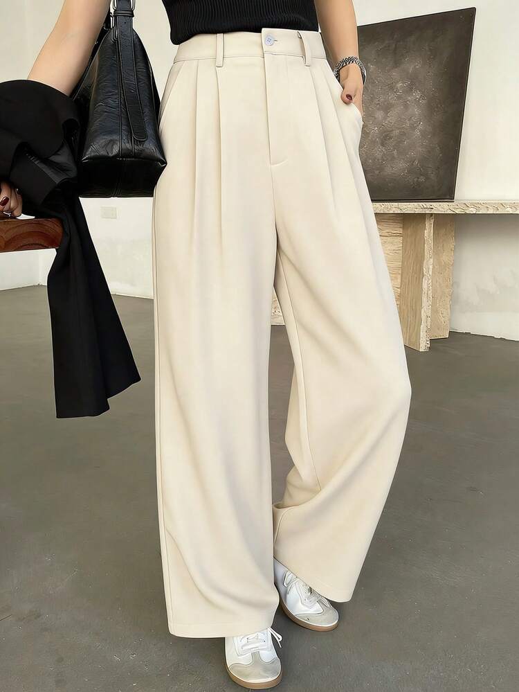 Women's Solid Color Pleated Loose Suit Pants, Spring & Summer