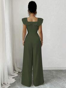 Elenzga 全新女式方领荷叶边假门襟腰带装饰纽扣连体裤，优雅日常通勤修身高腰连体裤 - 綠色 - 查看 2