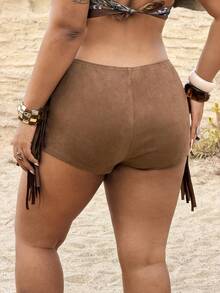 Rustia 大码女式修身复古Y2K棕色流苏系带紧身短裤，性感紧身热裤，适合身材丰满的女士，常规款短裤，低腰修身短裤，春夏+科切拉音乐节/派对 - 棕色 - 查看 2