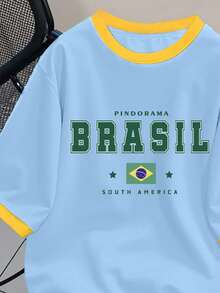 Manfinity Campus Court Men's Sports Outdoor Soccer Style Green T-Shirt Regular Length With Brasil Letter Print Polyester Round Neck Short Sleeve - Blue - View 3