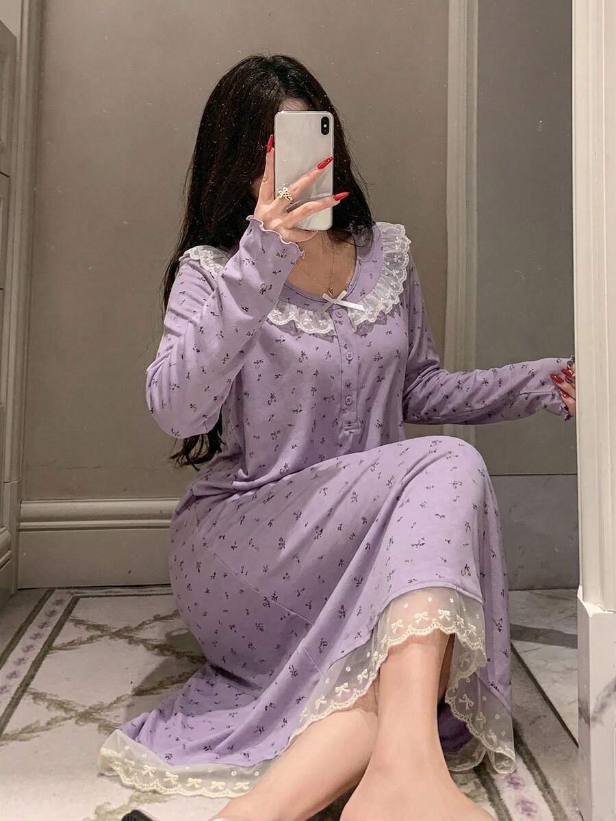 DAZY 女款甜美花卉蕾絲飾邊長款睡袍睡衣 - 淡紫色 - 查看 1