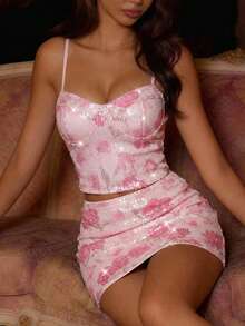 SHEIN MOD 女士粉色花卉图案亮片吊带背心 - 粉色 - 查看 4