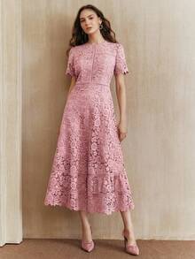 Anewsta Elegantes Spitzen-Patchwork-Kleid mit graziösem rosa Rüschensaum und Kurzarm für Frauen - Pink - Übersicht 5