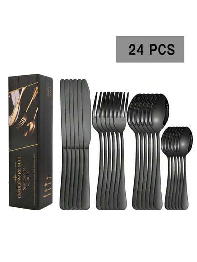 4/16/24件套不锈钢黑色牛排刀、叉、勺餐具套装，带礼盒，适用于酒店、餐厅、家庭用餐及送礼。