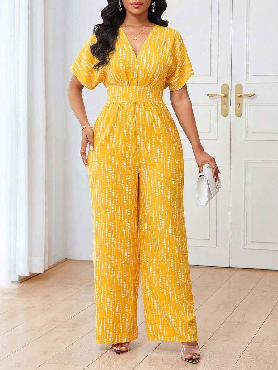 Lunelith SHEIN Lunessa V领短袖条纹印花弹力腰收腰优雅休闲连体裤 - 黃色 - 查看 1
