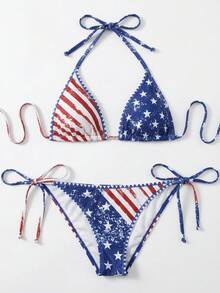 SHEIN Swim Vcay 26SS Women's Spring/Summer Beach Outfit, Women's Striped & Star Print Halter Backless Sexy Bikini Set, 2pcs,Beach Vacation 2026 New Women's Swimwear ArrivalFor School,Suitable For Holiday, Date, Afternoon Tea, Western, Cruise, Beach, Island, Road Trip, All Seasons, Music Festival, Boho Vacation,Bohemian Vacation, Chill Autumn ,Western Boho ,Elegant Dress For Women Lively Holiday Colorful Prints Swimsuit. American Flag Bikini Red White And Blue Bikini Fourth Of July Bikini 4th Of July Swimsuit American Flag Clothes Women - Multicolor - View 8