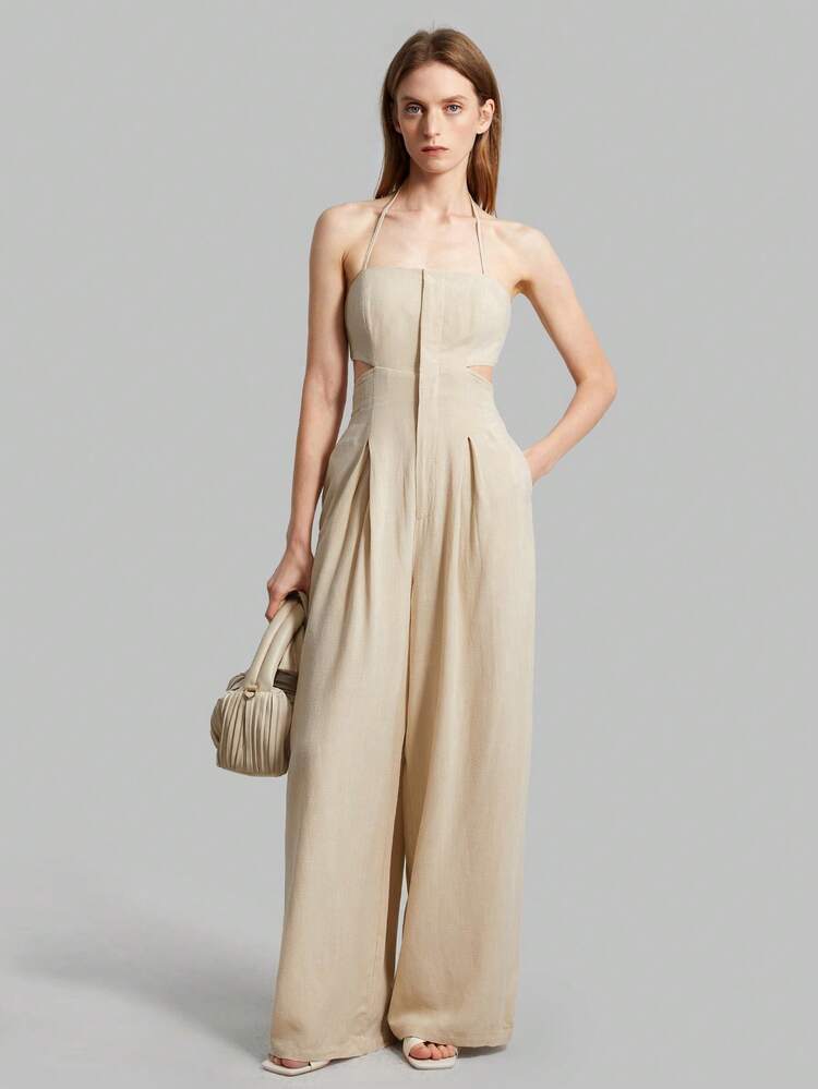 2026 Spring/Summer Women's Vintage Khaki Jumpsuit, Backless Tie Strap Jumpsuit With Pockets, Women's Spring/Summer Outfit, Suitable For Vacation, Office, Teacher, Casual, Wedding Guest, Loose Waist Design, Fashion Versatile Women's Jumpsuit