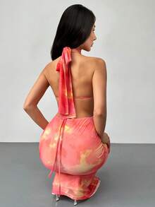 Aloruh 春夏新款优雅浪漫度假情人节婚礼露背蝴蝶结深V领橙色渐变印花紧身长裙，渐变印花长裙，沙滩度假长裙，性感度假长裙，粉橙印花长裙 - 橘色 - 查看 4