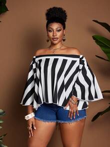 Maweii 大码女式露肩条纹休闲百搭日常上衣 - 黑與白 - 查看 2