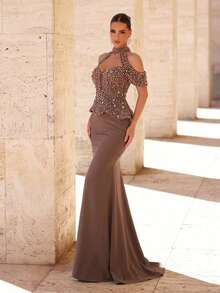 Glamrae 优雅奢华串珠刺绣网纱拼接弹力针织美人鱼连衣裙，适合婚礼、派对、节日、宴会等场合（重磅款） - 咖啡棕 - 查看 5