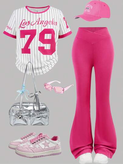 SHEIN 少女休闲运动套装，“洛杉矶”79号图案印花，运动时尚，粉色短袖T恤和喇叭裤两件套，适合夏季穿着