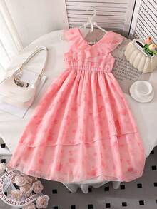 Glamorique Kids Đầm hoa dáng lệch vạt cho bé gái, phong cách Pháp ngọt ngào, mốt thời trang mùa hè mới cho tuổi teen. - Hồng - Xem 2