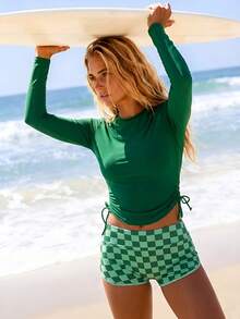 Swim SPRTY Bộ đồ đi nghỉ mát thường ngày 2 mảnh dành cho nữ: Áo dài tay có dây rút và quần short kẻ caro, bộ bikini hai mảnh màu xanh lá cây. - màu xanh lá - Xem 1