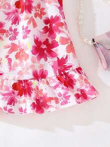 SHEIN Playful Pals 女婴无袖连衣裙，色彩鲜艳的花卉印花，清新亮丽，适合女婴夏季外出、日常穿着和海滩旅行。 - 彩色 - 查看 4