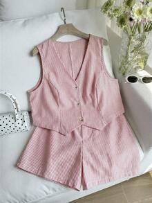 Comfortcana Bộ áo vest và quần short kẻ sọc đỏ cỡ lớn, trang phục thường ngày mùa hè cho lễ tốt nghiệp, tựu trường, trang phục giáo viên mùa thu/đông. - Đỏ - Xem 6