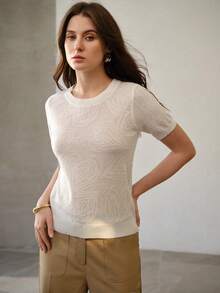 MOTF PREMIUM UNIQUE DELICATE HOLLOW-OUT JACQUARD KNIT SHORT SLEEVE SOFT & LIGHTWEIGHT KNIT TOP - White - View 4
