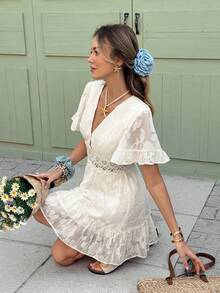 Serisse Women Elegant Holiday Casual Solid Color  V-Neck Ruffle Sleeve Cut Flower Chiffon Casual Dress With Lace Embroidery And A-Line Hem,Vacation Style,Jacquard Textured Babydoll Dress,Romantic Jacquard Flower Summer Dress,Ruffled Dress,Summer Dresses For Women Vacation Outfits Woman Beach Outfits For Woman Dresses For Women Elegant  Business Casual Woman,Casual Dresses For Women Summer Vacation Outfits Wedding Guest Dress For Women Carnival Dress - Apricot - View 3