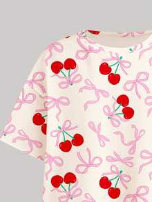 Cream White & Cream Pink, Sweet Girl Bow Print, Tween Girl Casual Minimalist Comfortable Round Neck Loose Short Sleeve T-Shirt And Bike Shorts Set, Suitable For Daily Wear, Street Style, Outings, Home, Vacation, Homecoming, Back To School, Spring & Summer - Multicolor - View 4