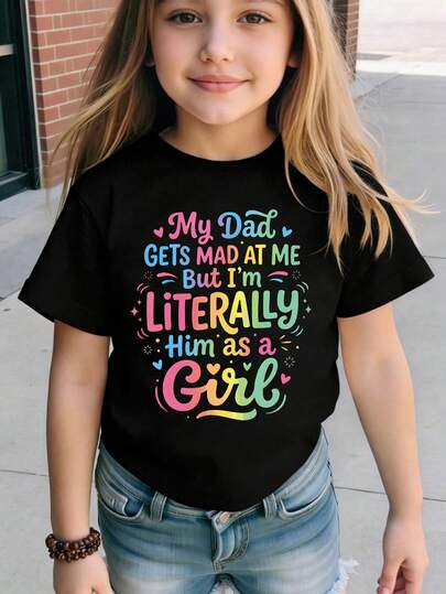 Girls' Casual Colorful Gradient Letter & Graphic Print Short Sleeve T-Shirts, Comfortable Daily Wear For Spring, Summer & Autumn