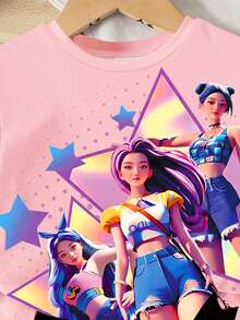 一套女童休闲韩流卡通渐变闪亮星星印花短袖针织T恤和配套星星图案印花短裤套装，舒适的T恤套装，适合女童日常、假期和上学穿着。 - 彩色 - 查看 4
