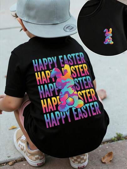 复活节男童短袖圆领T恤，男童短袖圆领T恤，酷炫彩色大兔子字母印花图案，可爱时尚，春夏单品，黑色T恤