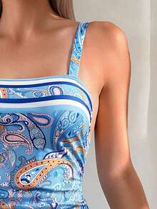 Swim Lushoire Women's Summer Beach Vacation Print Swimsuit Vest Spaghetti Strap Bikini 3 PiecesSet - Multicolor - View 6