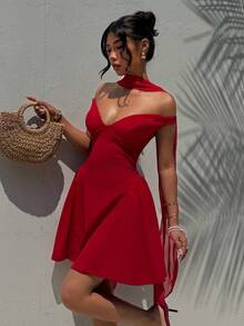 Aloruh 红色无肩带露背收腰A字迷你连衣裙，适合婚礼、情人节、约会、派对等场合。 - 紅色 - 查看 5