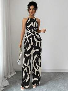 Selianne Bộ áo hai dây xếp ly bằng vải in họa tiết dành cho nữ, thích hợp cho kỳ nghỉ và mặc hàng ngày, bộ áo liền quần cổ yếm thanh lịch và duyên dáng cho phụ nữ, áo liền quần ống rộng, áo liền quần sang trọng, áo liền quần đen trắng. - màu đen - Xem 5