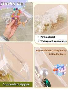 SHEIN 100 个 PVC 透明可重复密封珠宝袋，带拉链，抗氧化，防止失去光泽，用于存放耳环、项链、珠宝、小礼品、配饰派对礼品袋，透明拉链袋防氧化珠宝包装袋（珠宝）收纳盒 - 無色 - 查看 10