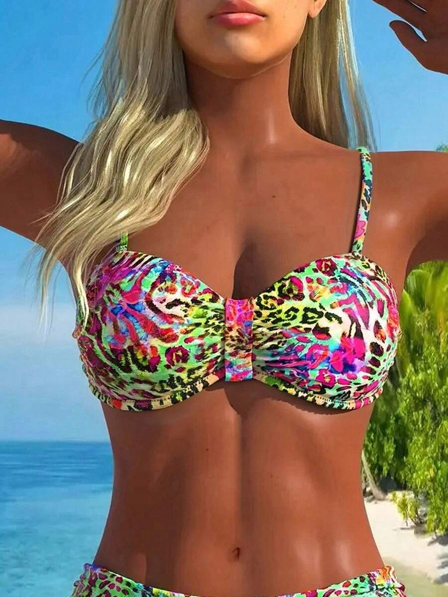 SHEIN Swim 热带花卉印花细肩带褶皱胸部比基尼上衣,性感夏日假期 - 彩色 - 查看 1