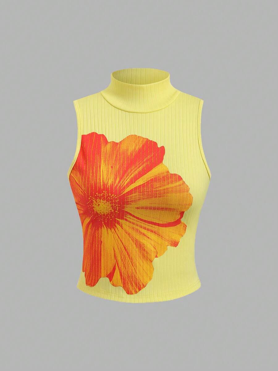 Sweetra 夏季度假活力花卉印花高领黄色背心 - 黃色 - 查看 1