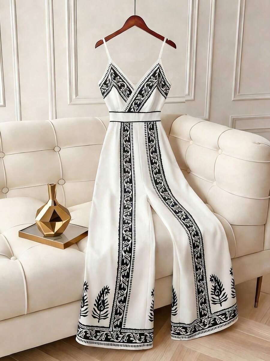 Breezaya 女士深V领无袖连体裤，女士印花度假风时尚百搭连体裤 - 彩色 - 查看 1