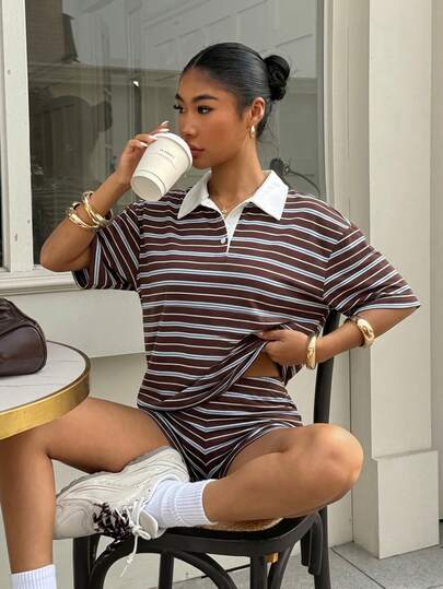 Muchica Women's American Casual Retro Dark Red-Brown Striped Knit Preppy Style Suit, Spring/Summer Polo Shirt And Shorts Set. Polo Shirt For Women Retro Clothes Women Stripe Set 90s Outfit Women Aesthetic Clothes Women Casual Outfits Trending Outfit Women's Summer Outfits Polo Shirt Outfit Striped Shorts Set Retro Outfit Polo Stripes For Women