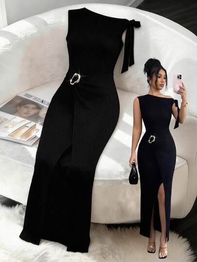 Elenzga Nieuwe lente/zomer casual elegante resort strandfeestjurk, asymmetrische schouderstrik, getailleerde jurk met textuur en split, met metalen details, puur zwart